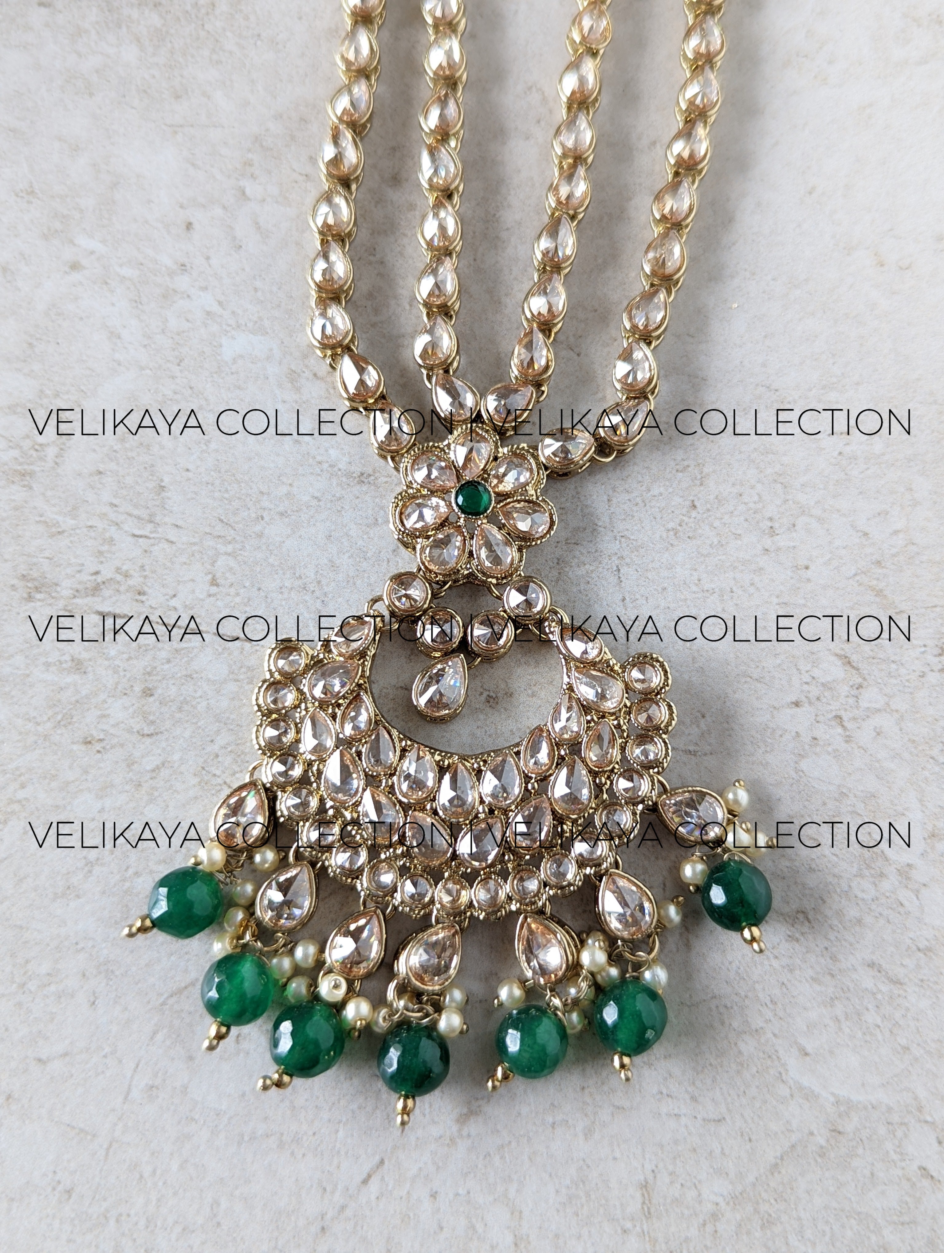 Heera - Green Long Polki Necklace Jhumkas Tikka