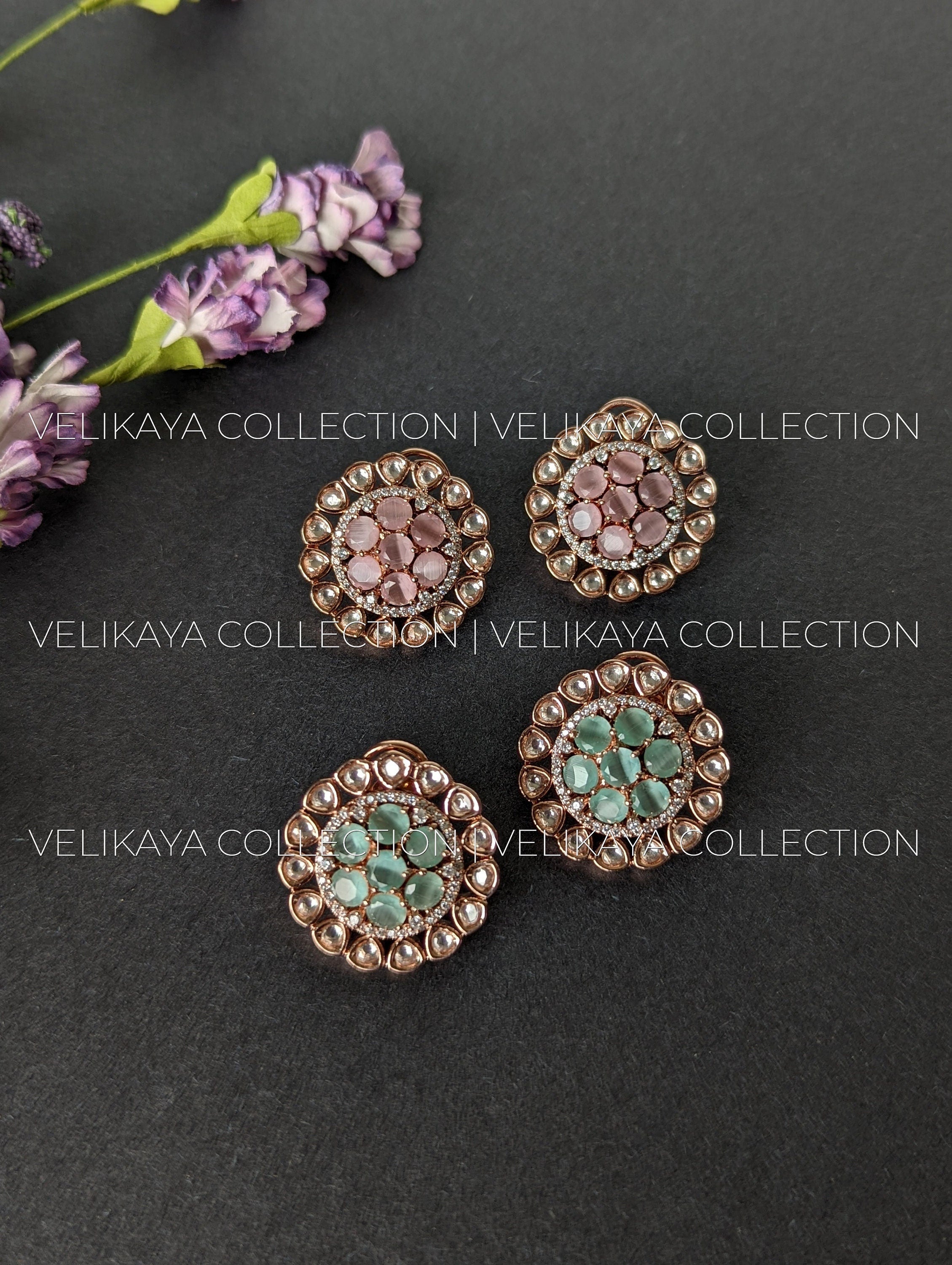 Raveena Rose Gold plated Kundan Studs with American Diamonds