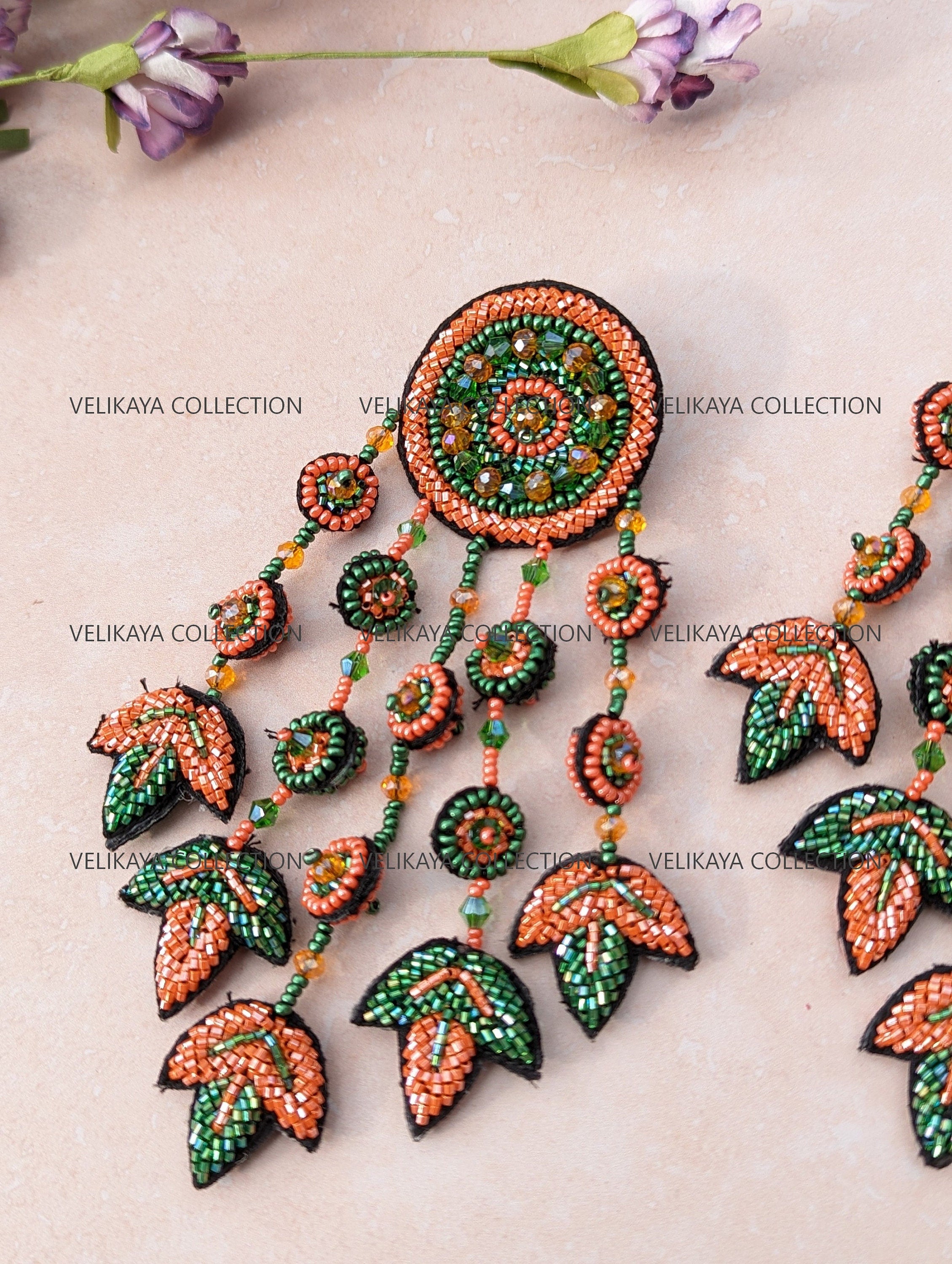 Orange Beaded Zardozi Earrings