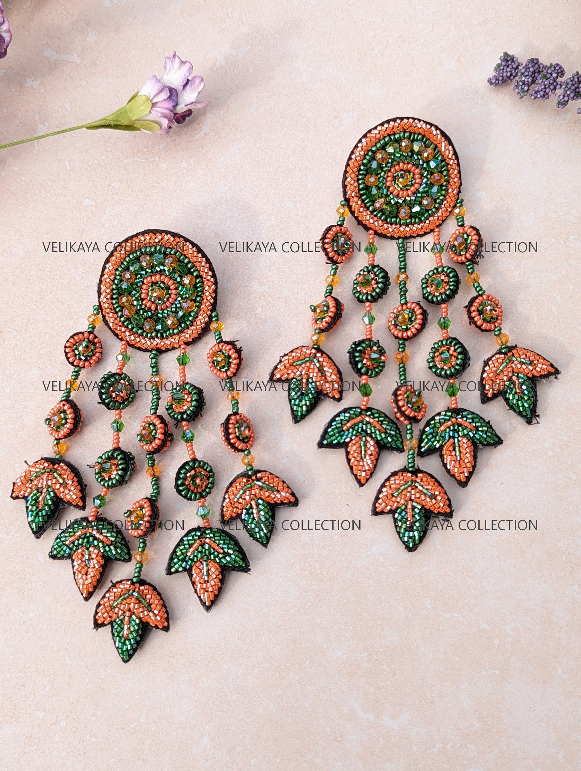 Orange Beaded Zardozi Earrings