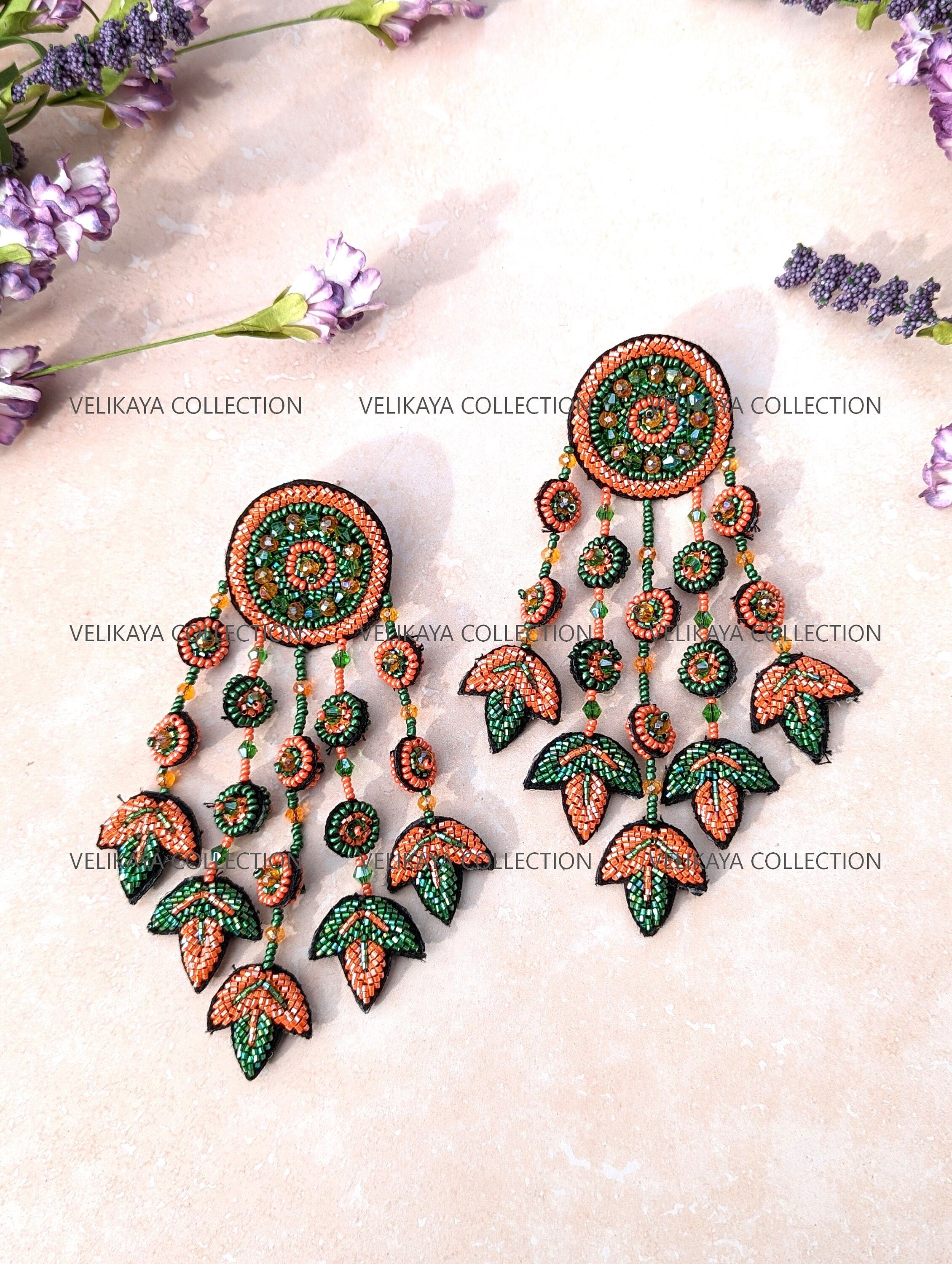 Orange Beaded Zardozi Earrings