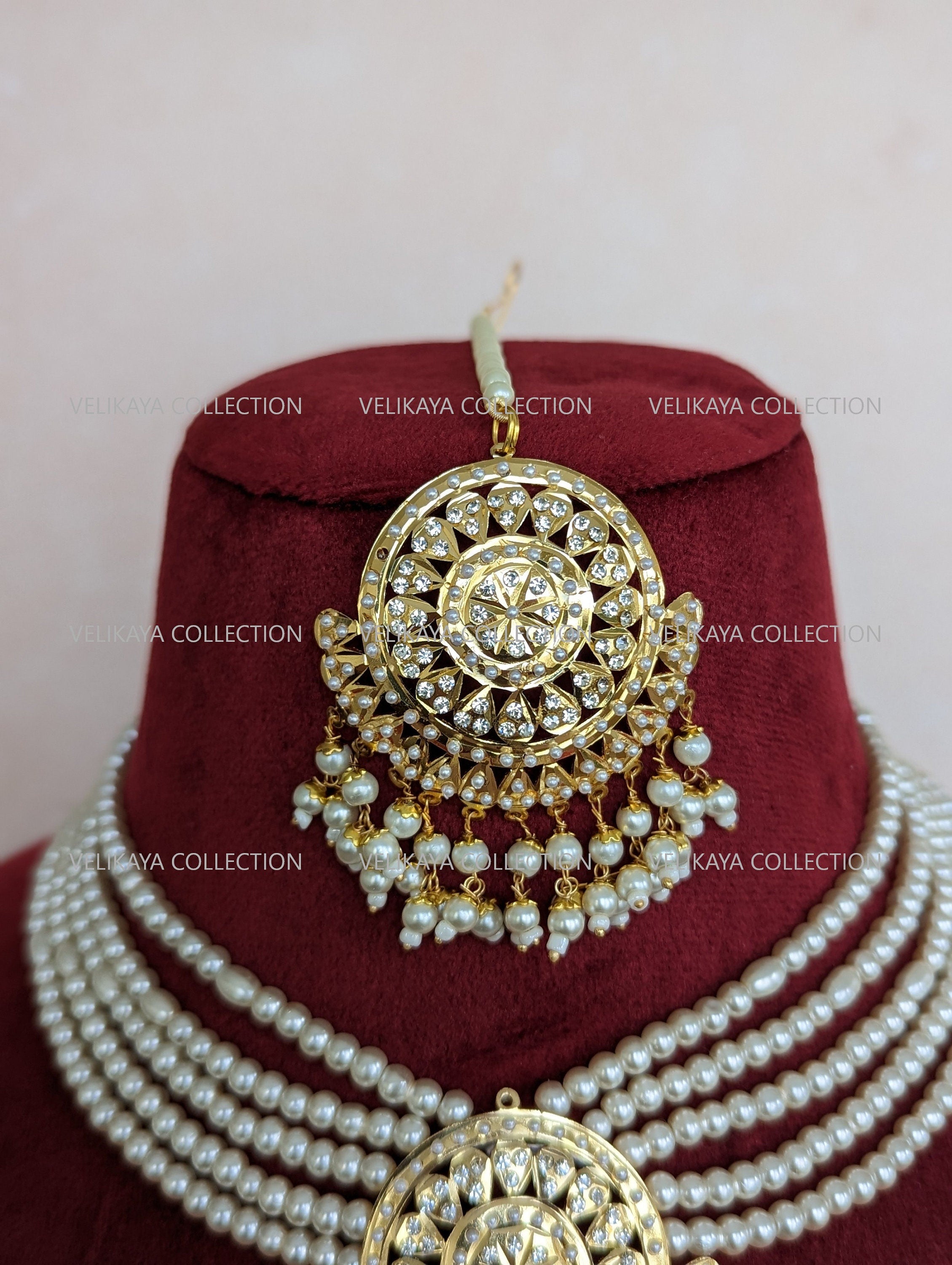 Pearl Jadau Necklace Earrings Tikka