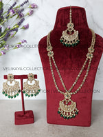 Load image into Gallery viewer, Heera - Green Long Polki Necklace Jhumkas Tikka
