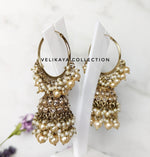 Load image into Gallery viewer, Jugni - Large Antique Gold Hoops with Jhumka
