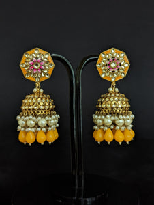 Nora Yellow Kundan Meenakari Jhumka