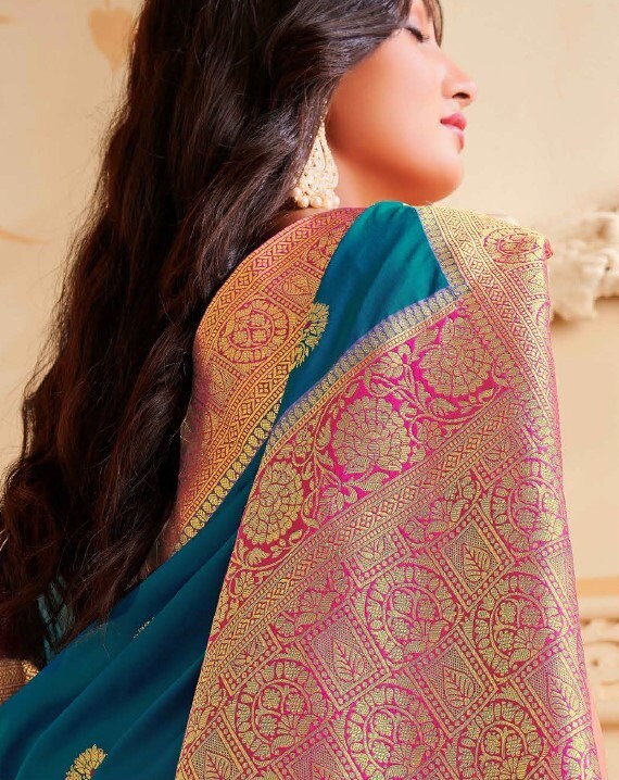 Blue Silk Saree with Gold Border and Blouse