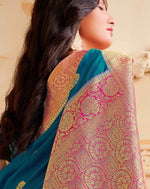 Load image into Gallery viewer, Blue Silk Saree with Gold Border and Blouse
