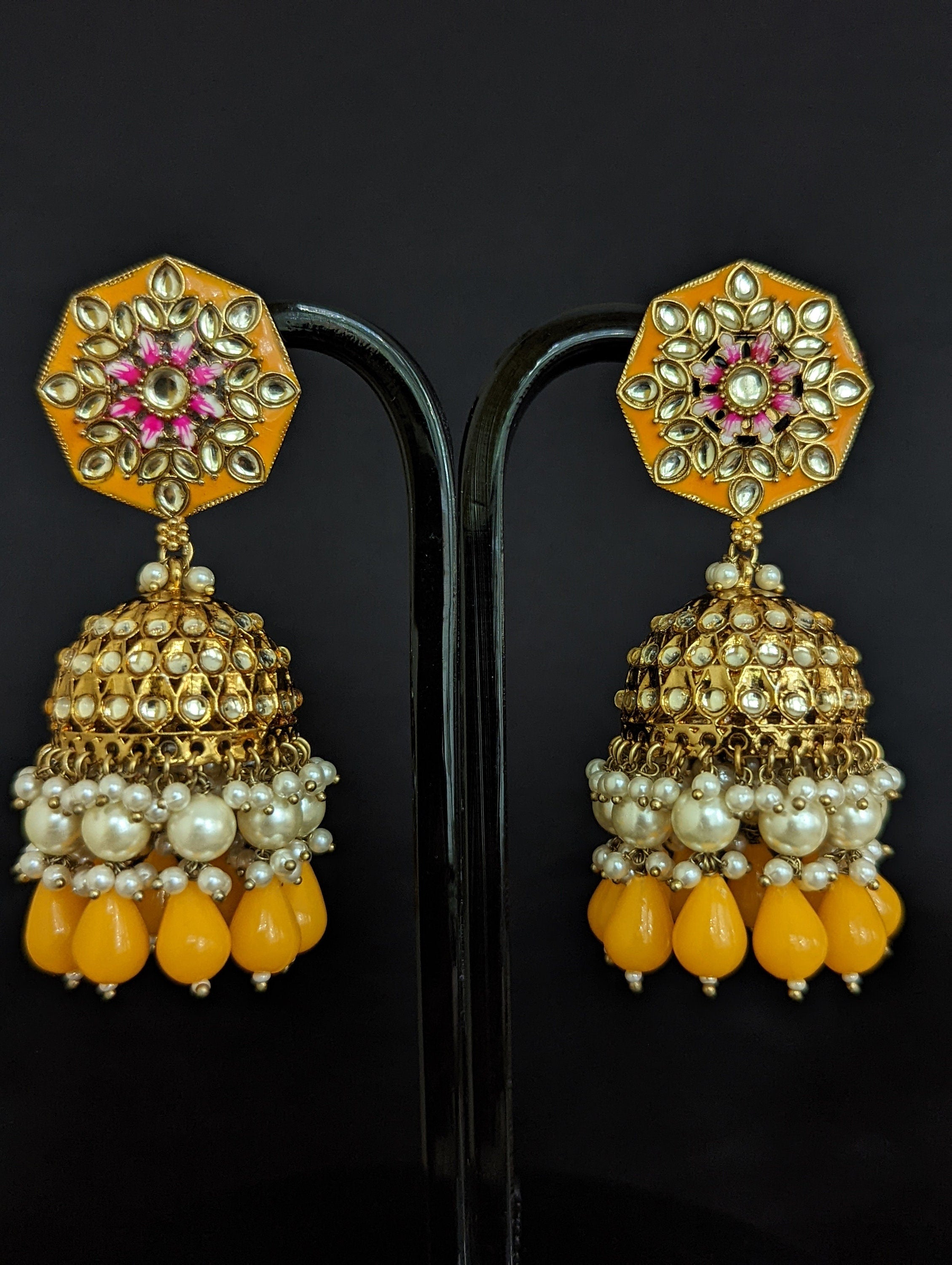 Nora Yellow Kundan Meenakari Jhumka