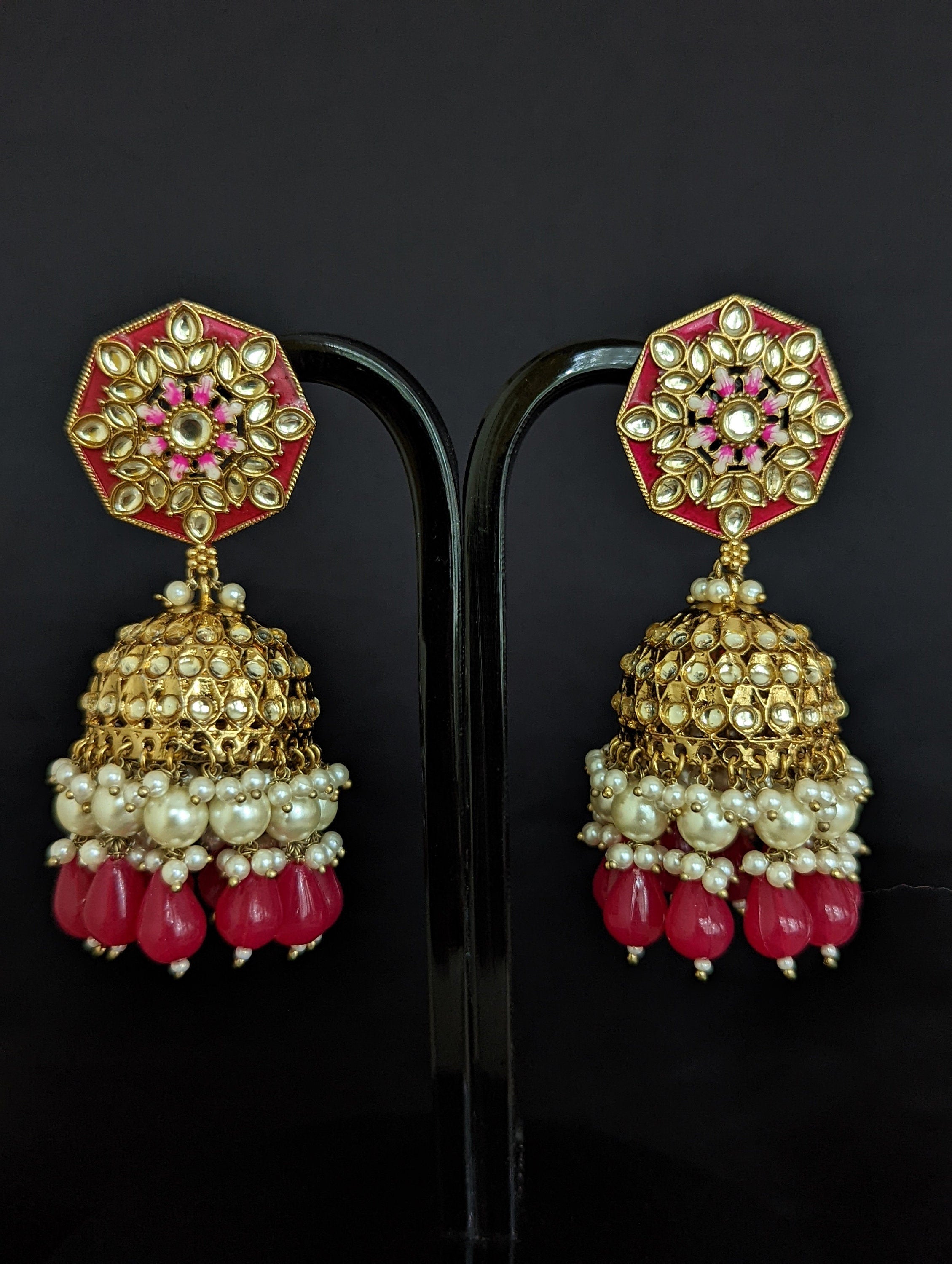 Nora Hot Pink Kundan Meenakari Jhumka