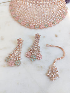 Rania Rose Gold Plated CZ Diamond Necklace Earrings Tikka - Mint & Pink