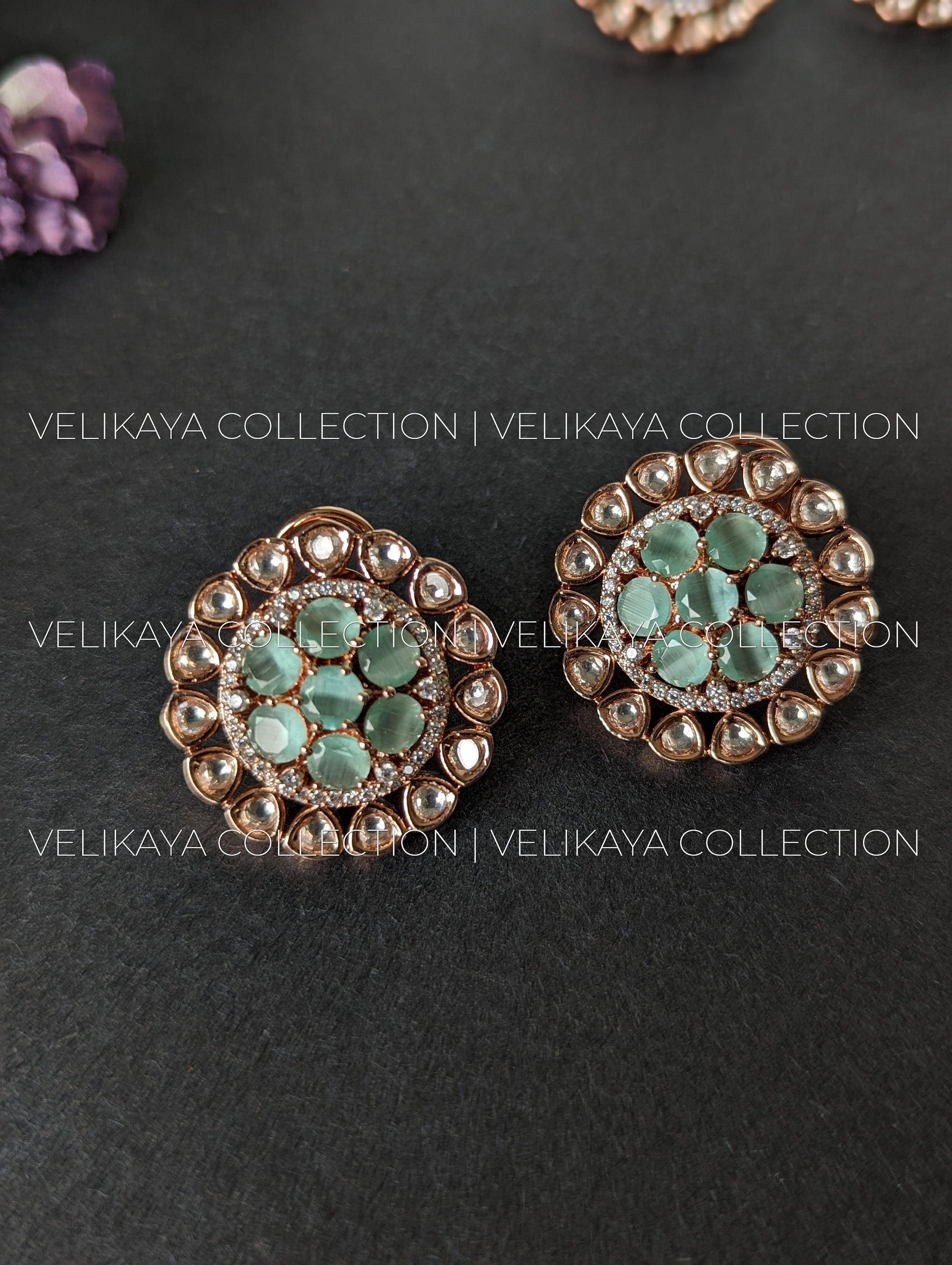 Raveena Rose Gold plated Kundan Studs with American Diamonds