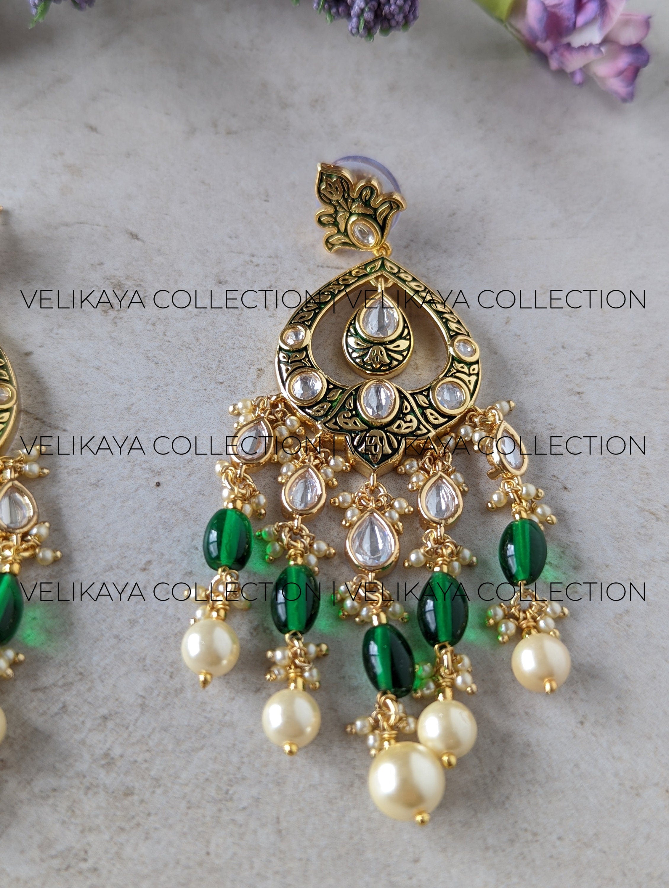 Sonali Green Gold Plated Kundan Meenakari Earrings