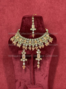 Aurora Peach Kundan Wedding Necklace Earrings Tikka