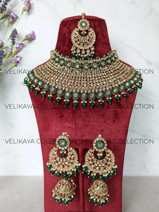 Myra - Emerald Green Polki Bridal Necklace Earrings Tikka