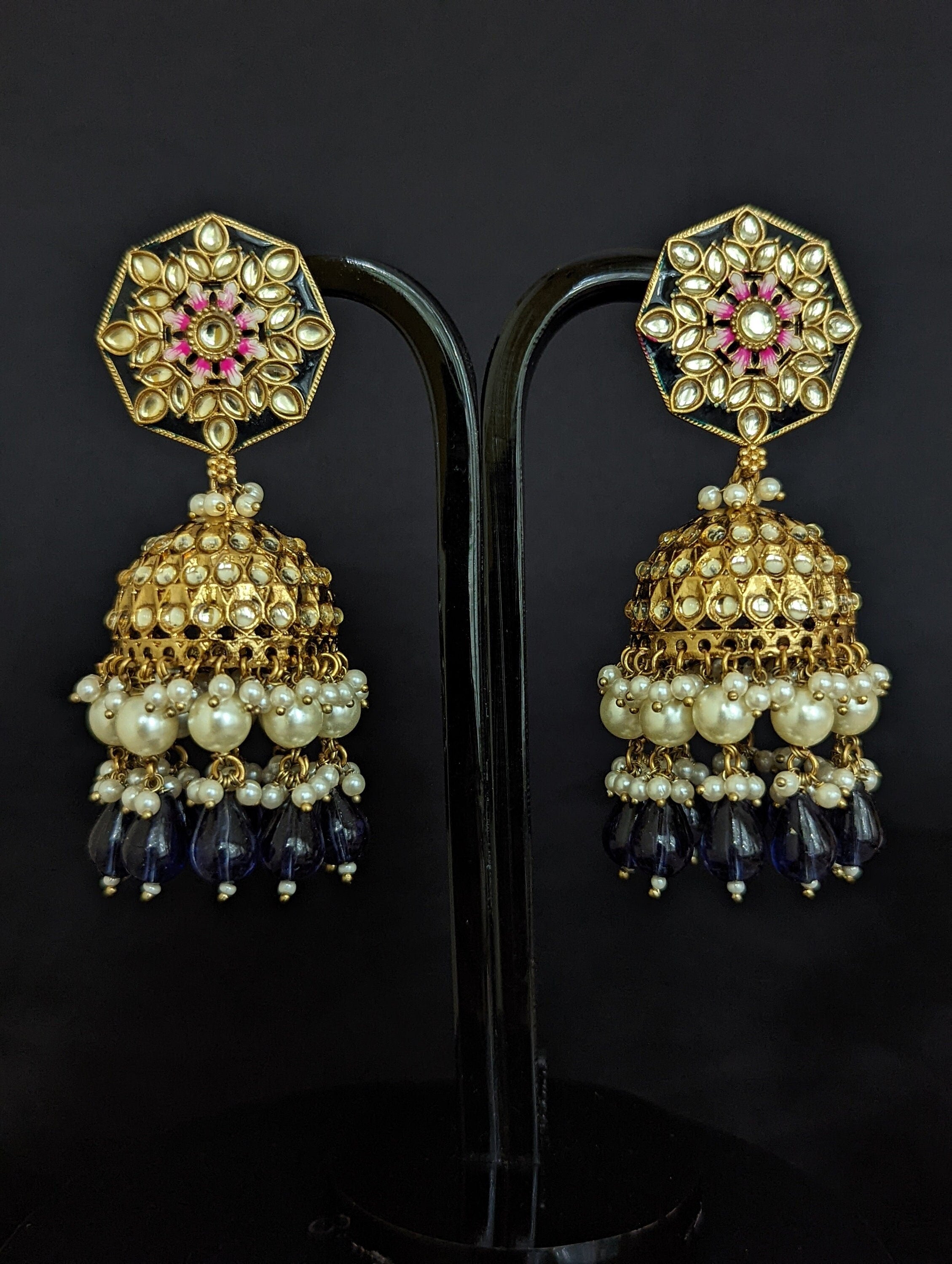 Nora Blue Kundan Meenakari Jhumka