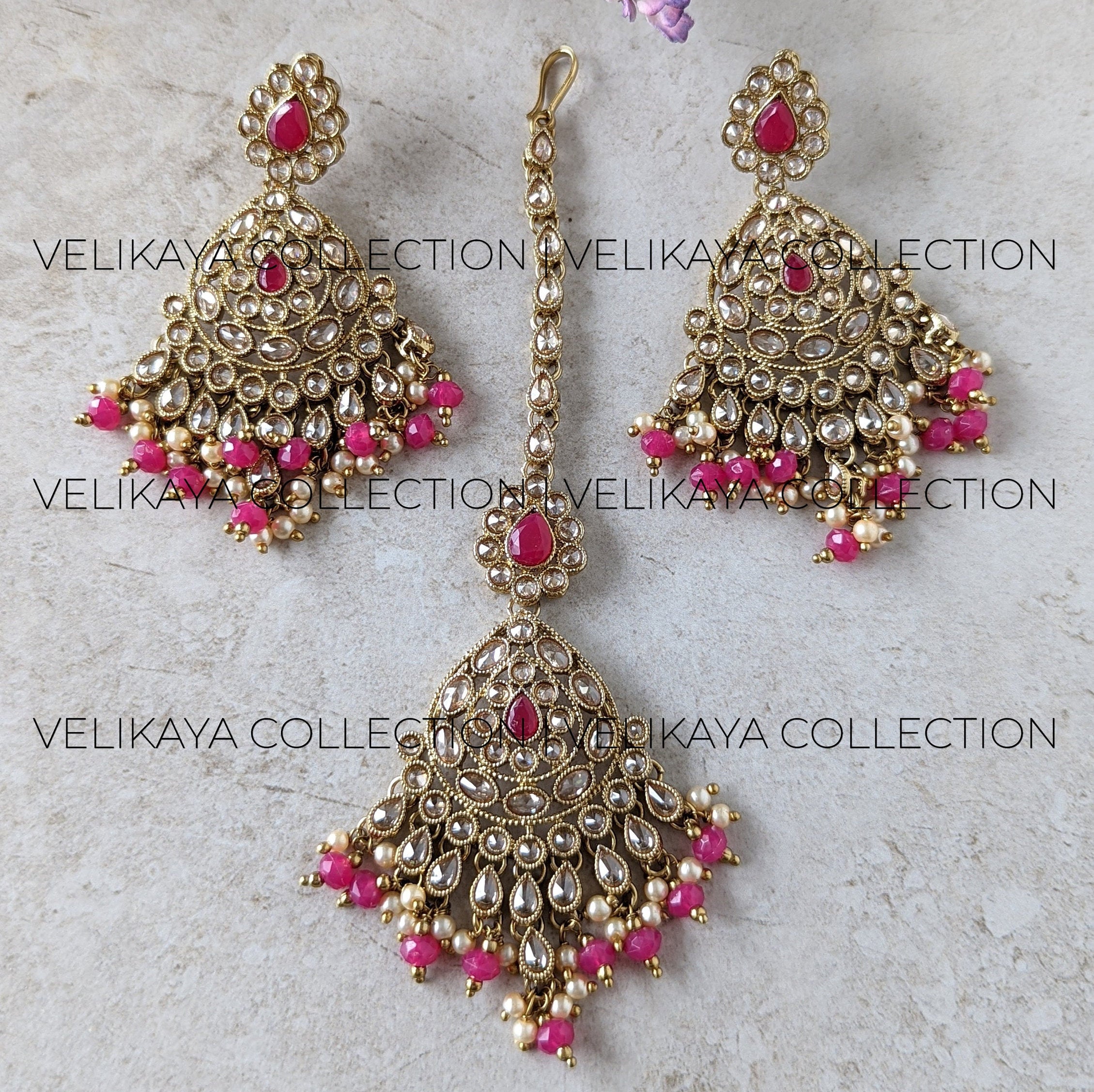 Zoya Pink Antique Gold Plated Polki Earrings & Tikka