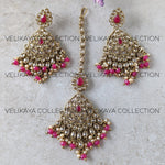 Load image into Gallery viewer, Zoya Pink Antique Gold Plated Polki Earrings &amp; Tikka
