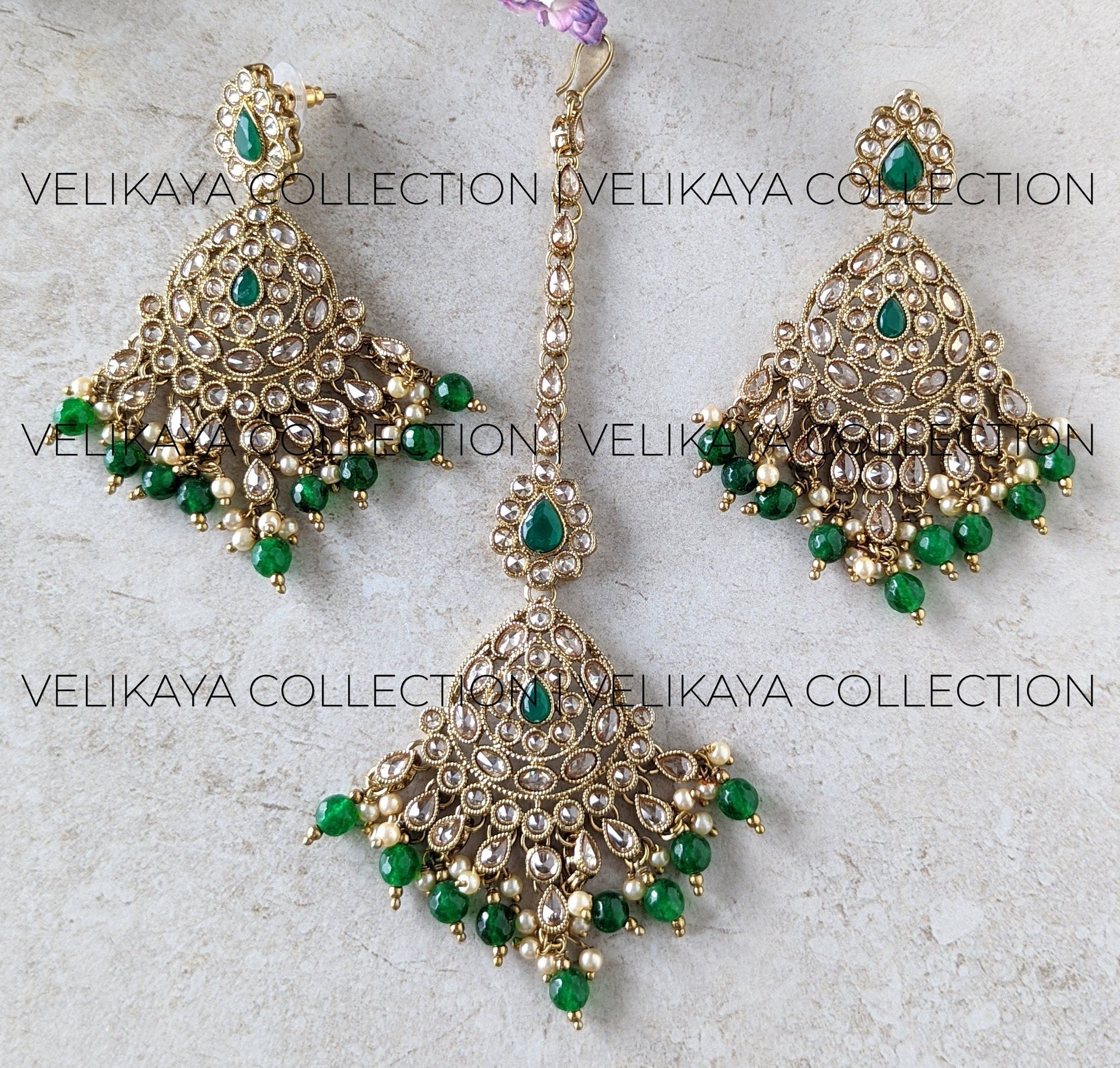 Zoya Green Antique Gold Plated Polki Earrings & Tikka