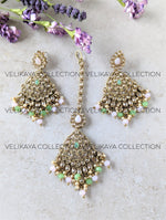 Load image into Gallery viewer, Zoya Mint Antique Gold Plated Polki Earrings &amp; Tikka
