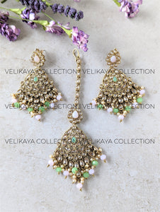 Zoya Mint Antique Gold Plated Polki Earrings & Tikka