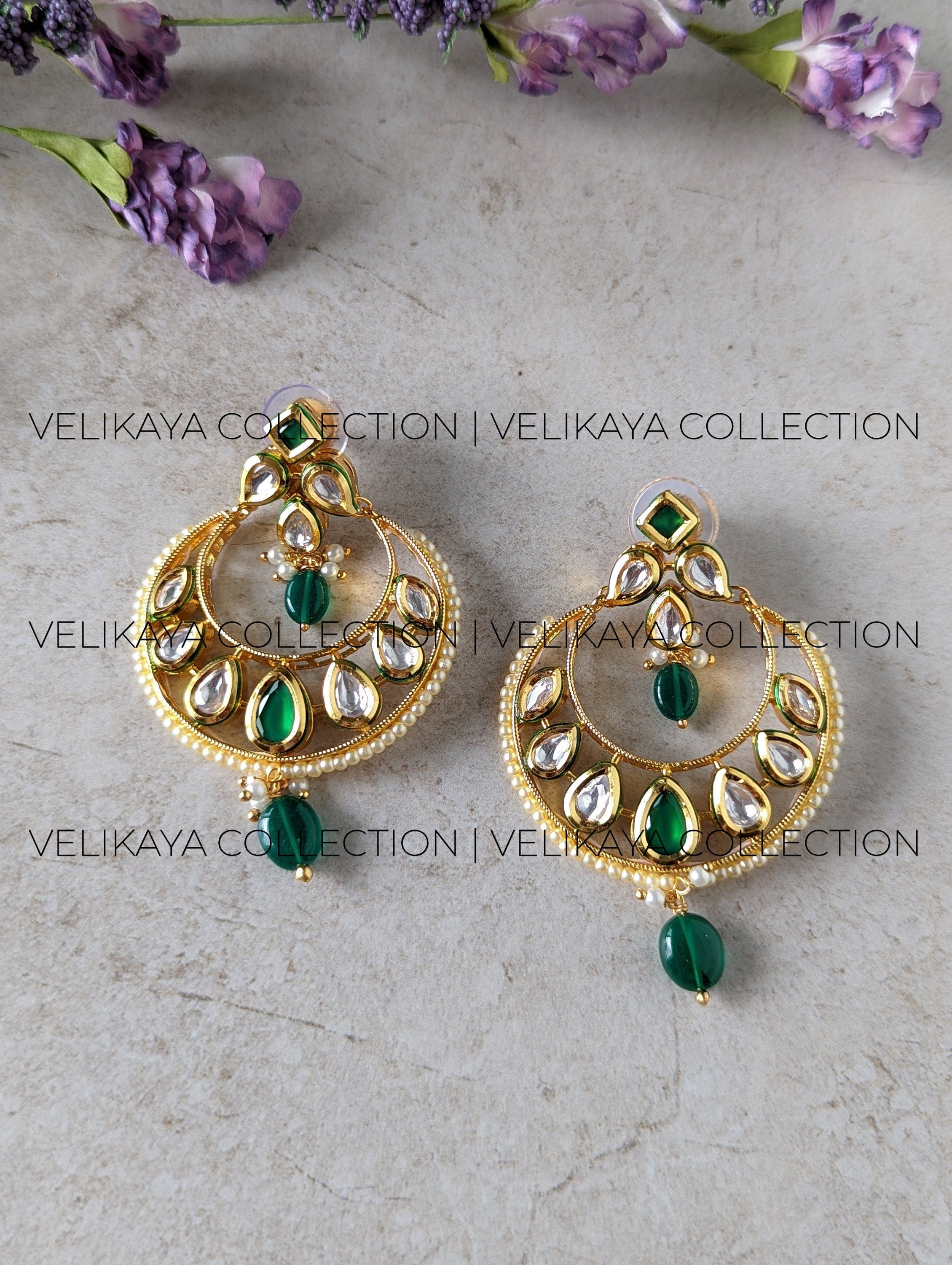 Sonakshi Green Gold Plated Kundan Chandbali Earrings