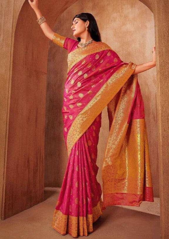 Pink Silk Saree with Gold Border