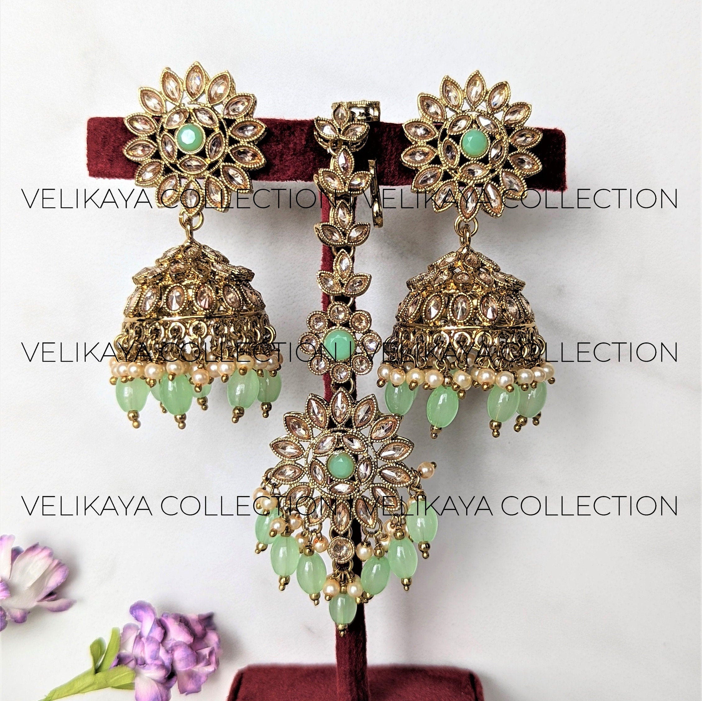 Rene Mint Polki Jhumka and Tikka Set