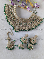 Load image into Gallery viewer, Jodha Emerald Green Choker Necklace Jhumkas &amp; Tikka
