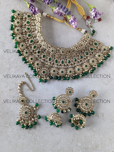 Jodha Emerald Green Choker Necklace Jhumkas & Tikka