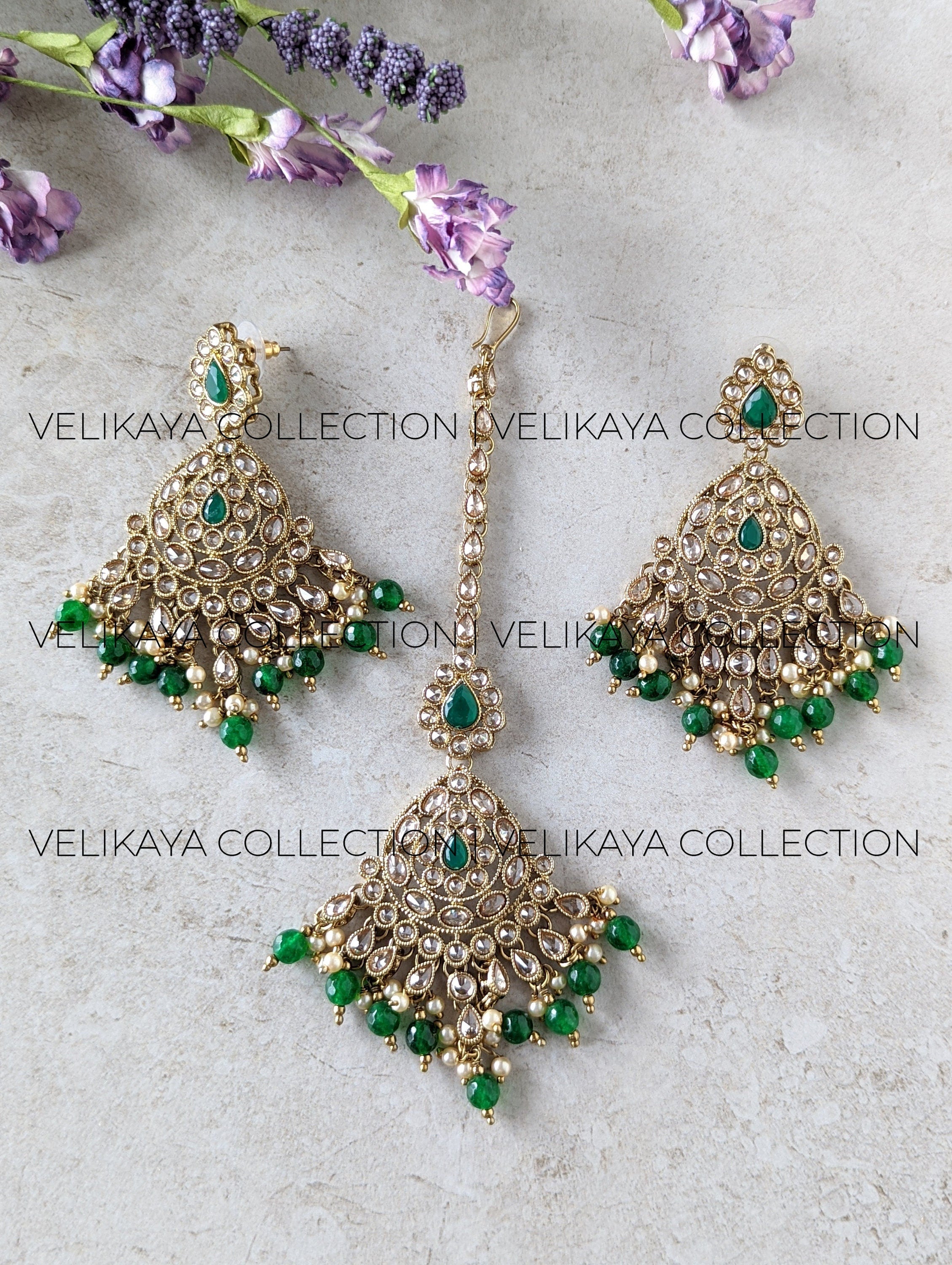 Zoya Green Antique Gold Plated Polki Earrings & Tikka