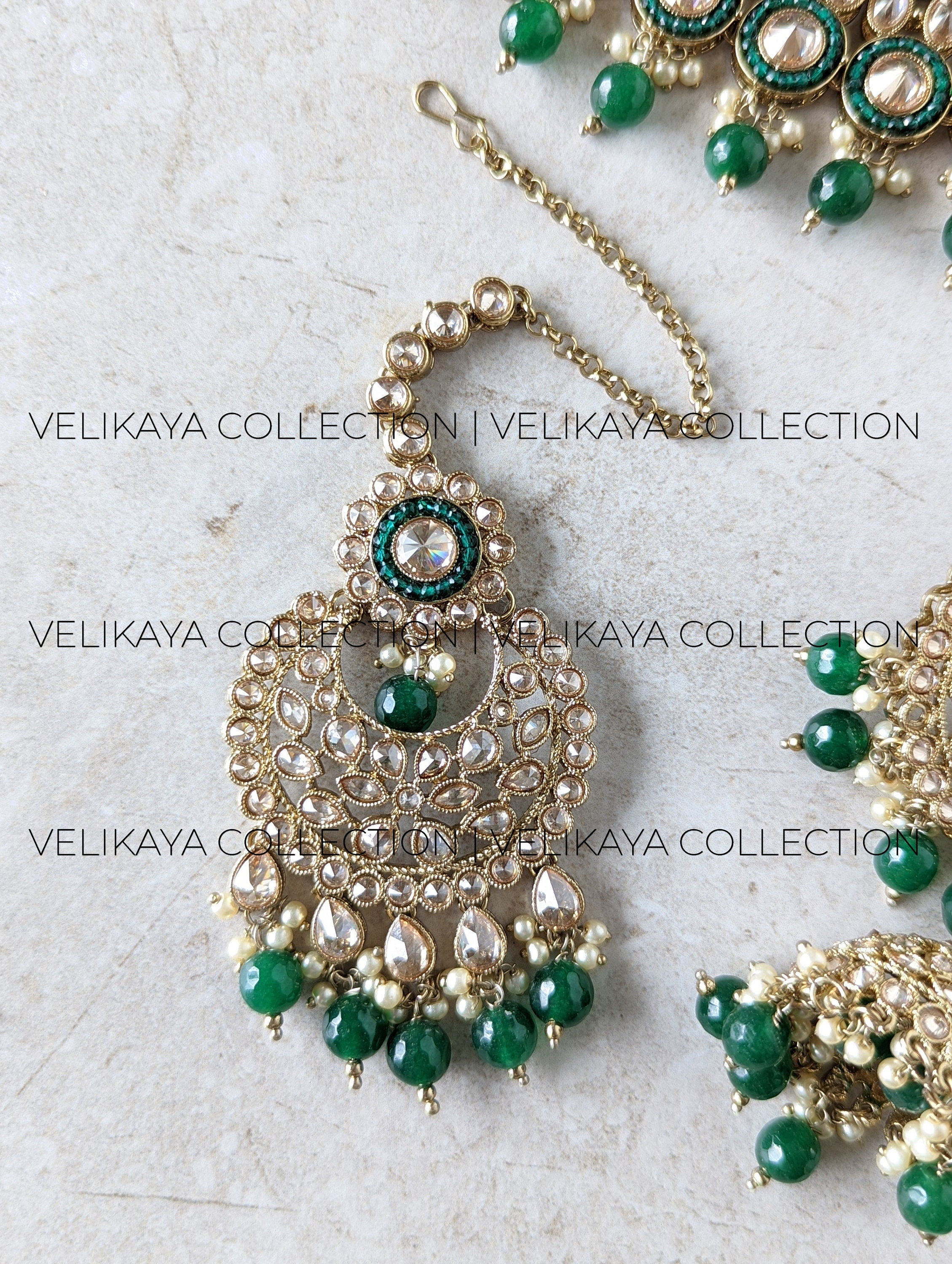 Myra - Emerald Green Polki Bridal Necklace Earrings Tikka