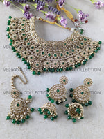 Load image into Gallery viewer, Jodha Emerald Green Choker Necklace Jhumkas &amp; Tikka
