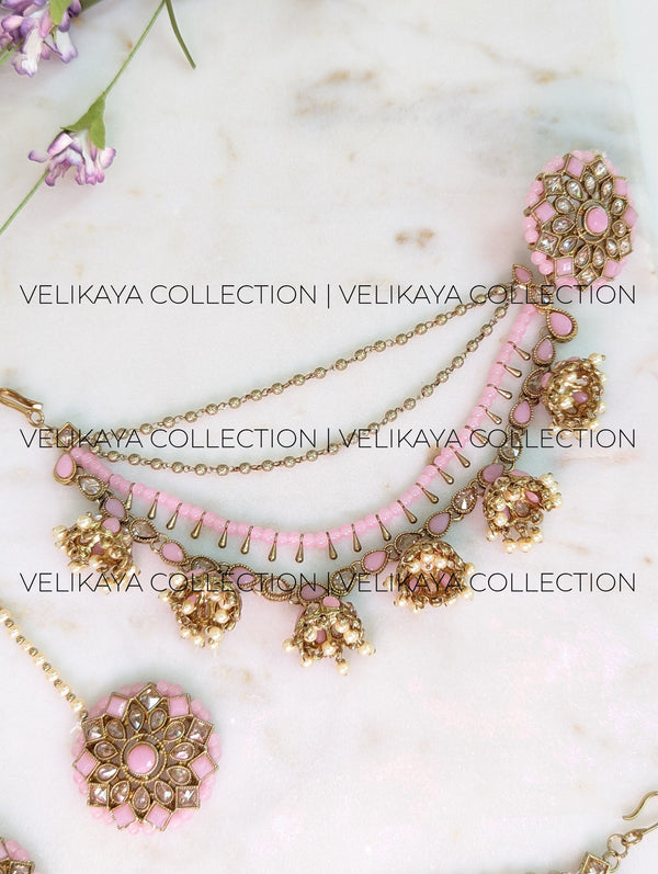 Pink Bahubali Earrings with Ear Chains and Tikka