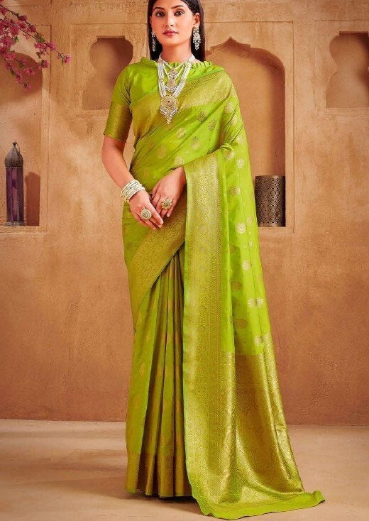 Green Silk Saree with Gold Border