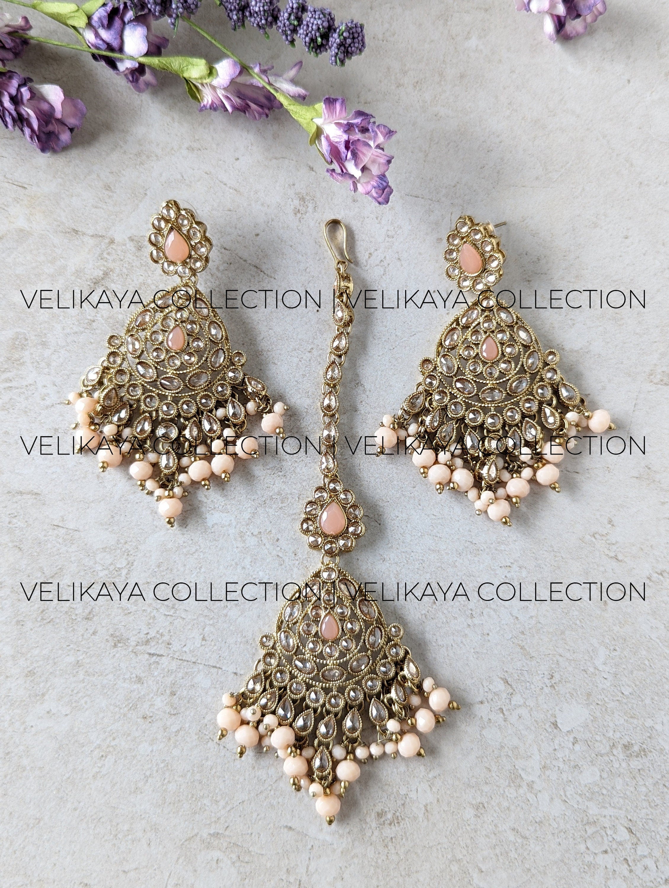 Zoya Peach Antique Gold Plated Polki Earrings & Tikka