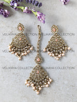 Load image into Gallery viewer, Zoya Peach Antique Gold Plated Polki Earrings &amp; Tikka
