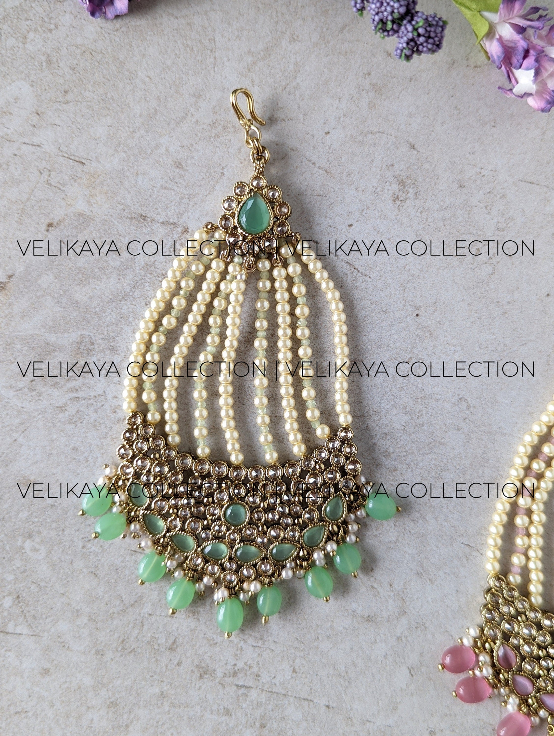 Kalki Antique Gold Plated Pearl & Polki Pasa - Mint & Pink