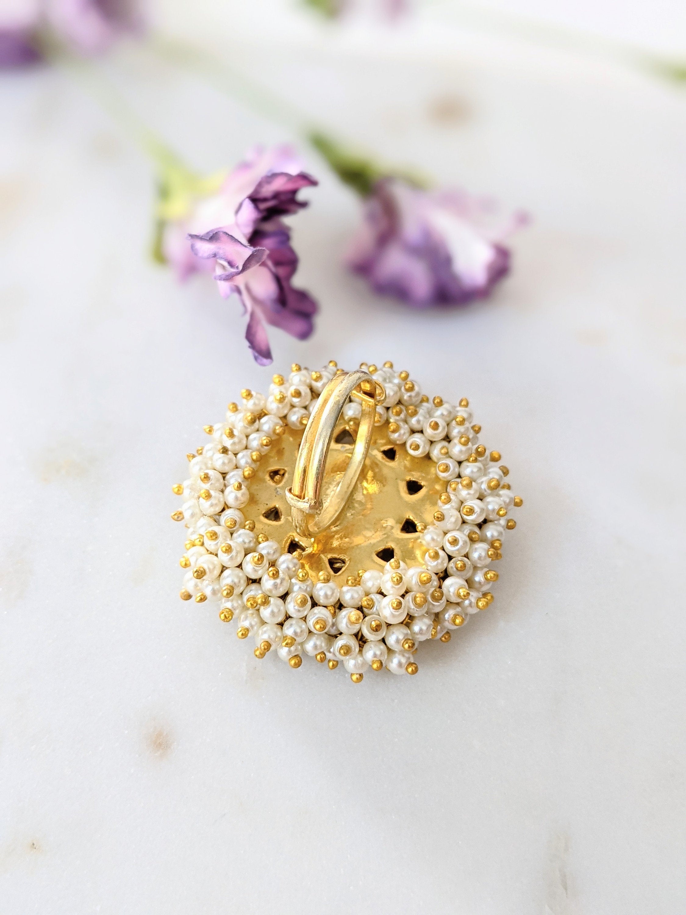 Gold Kundan Ring with White Halo Pearls