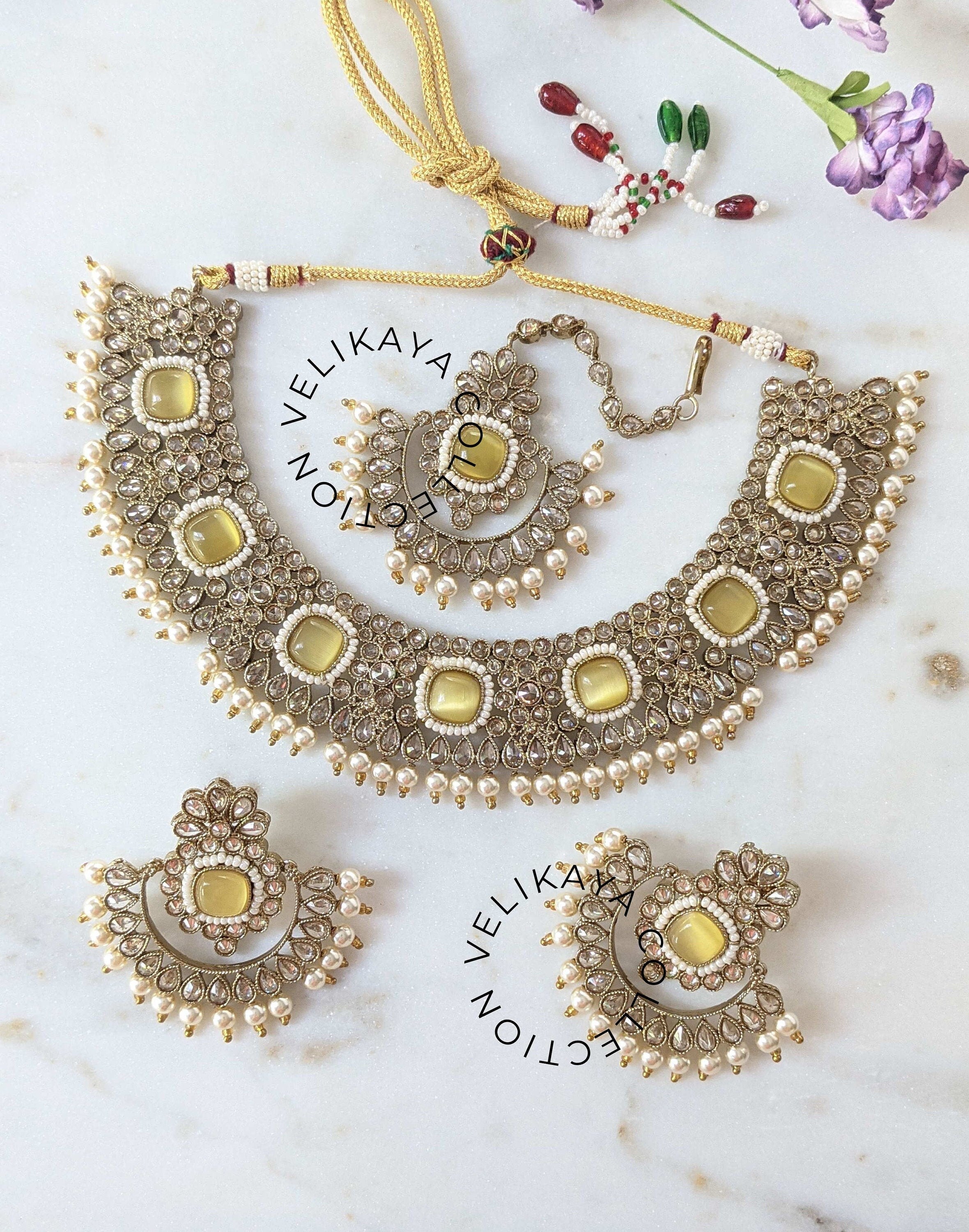 YELLOW POLKI NECKLACE WITH EARRINGS AND TIKKA