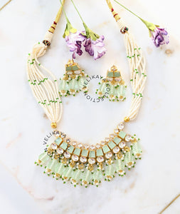 Dainty Kundan Necklace Set in Mint