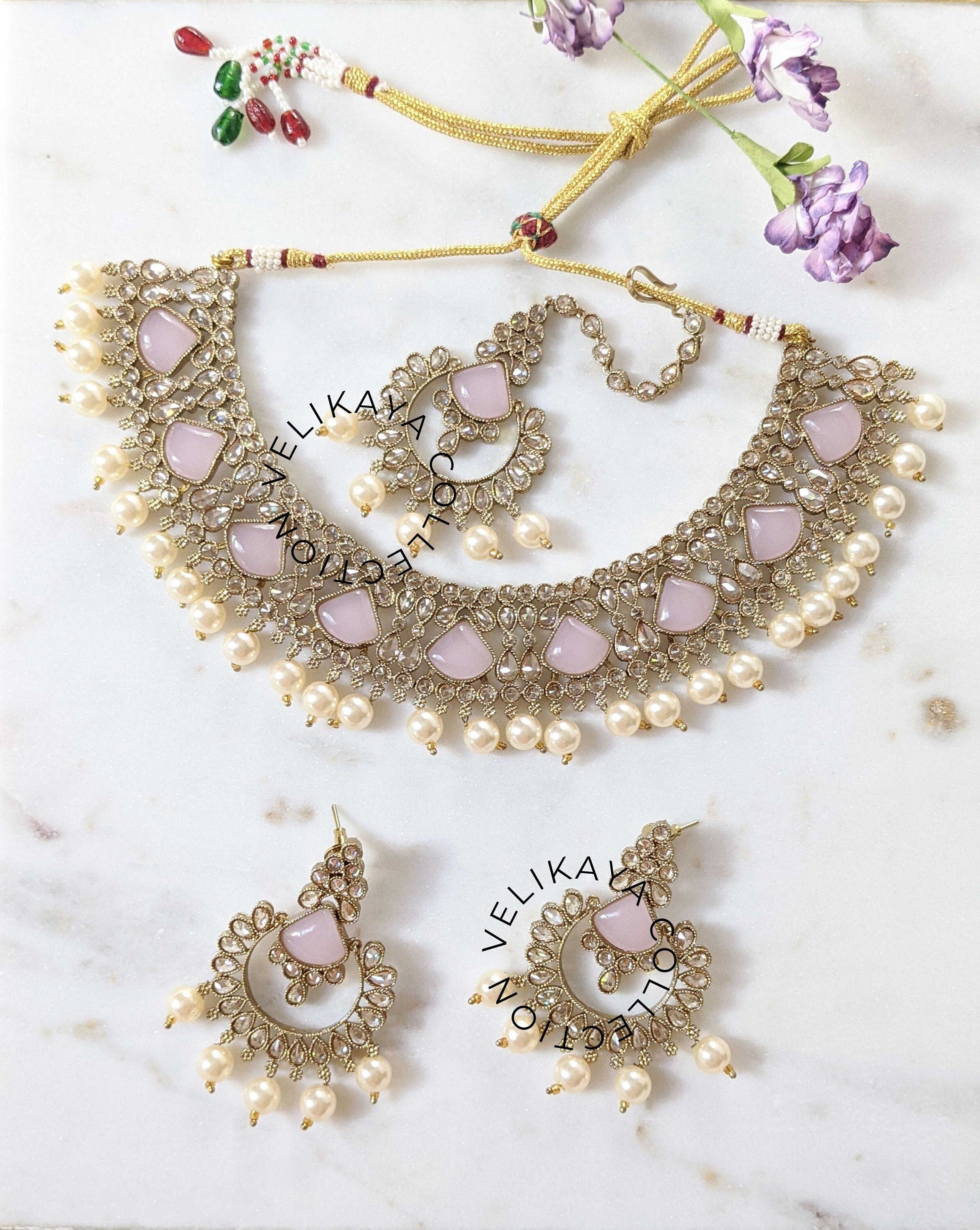 SOFT PINK POLKI NECKLACE WITH EARRINGS AND TIKKA